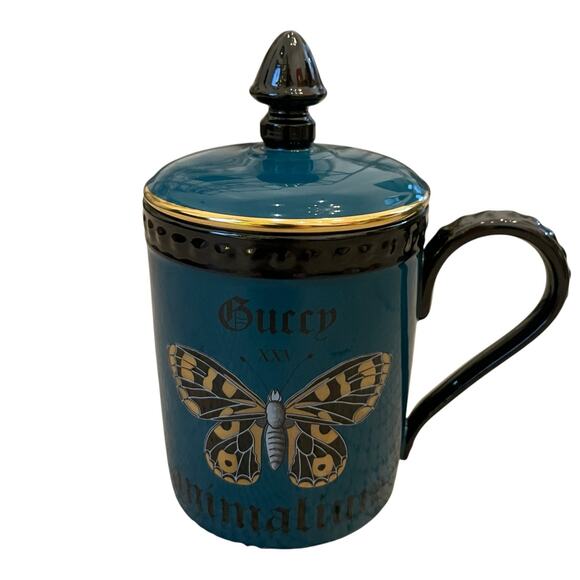 GUCCI XXV Animalium Print Mug Porcelain Butterfly with Lid Blue Black Gold NEW - Picture 9 of 16
